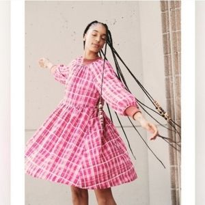 Madewell Pink and White Plaid Shirred Babydoll Mini Dress Size Medium